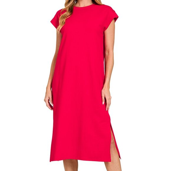 Zenana Round Neck Side Slit Midi Dress - Picture 1 of 3